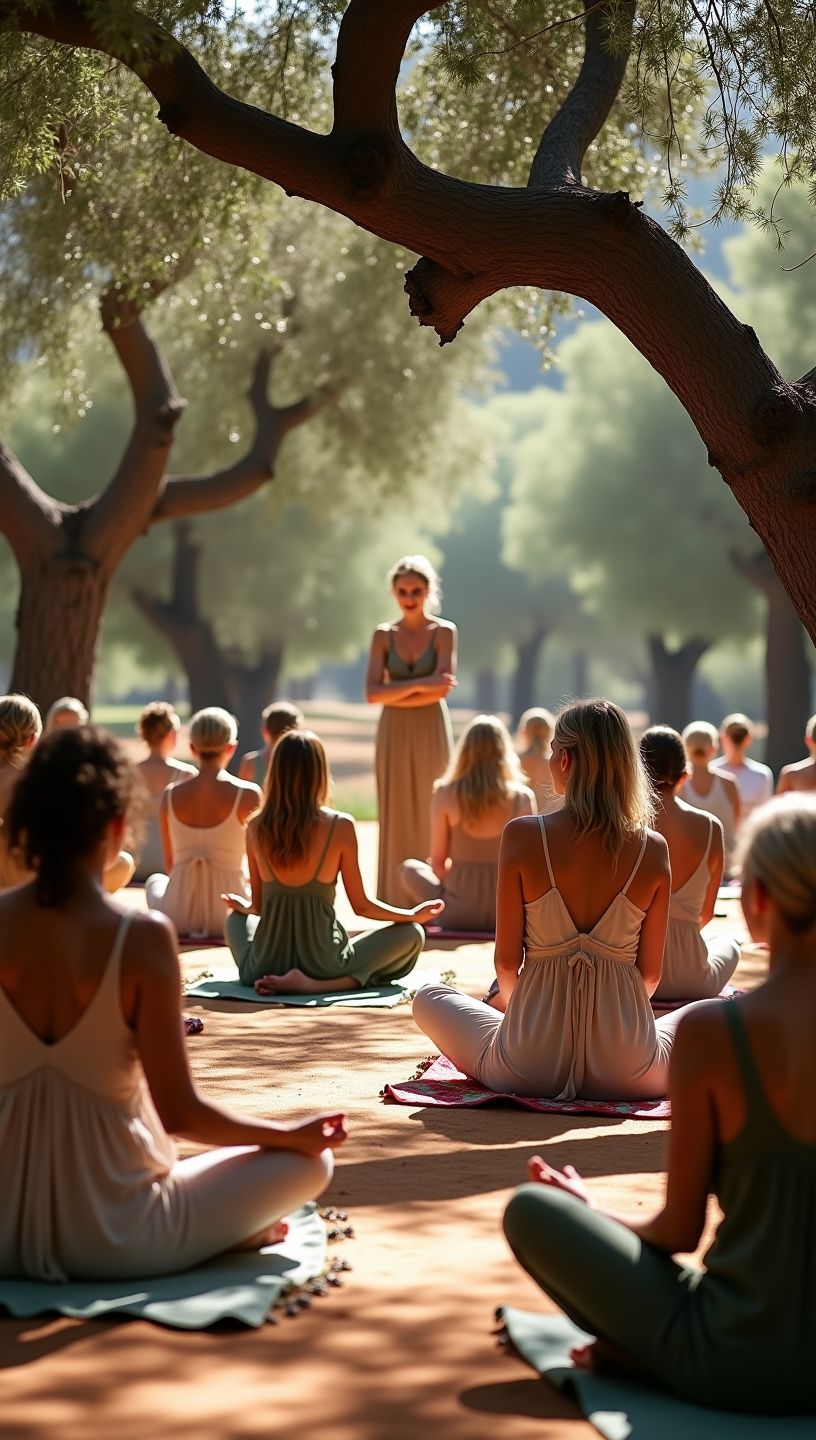 Μια γυναικεία φιγούρα σε στάση διαλογισμού δίπλα σε φυσικά στοιχεία.