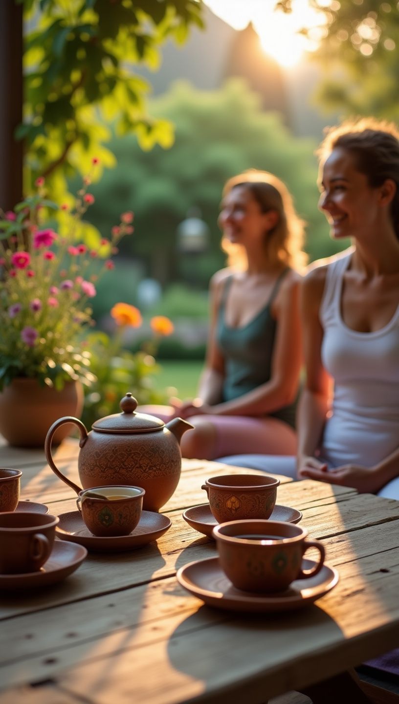 Πιάτο με βότανα και φρέσκα φρούτα δίπλα σε φλυτζάνια τσαγιού